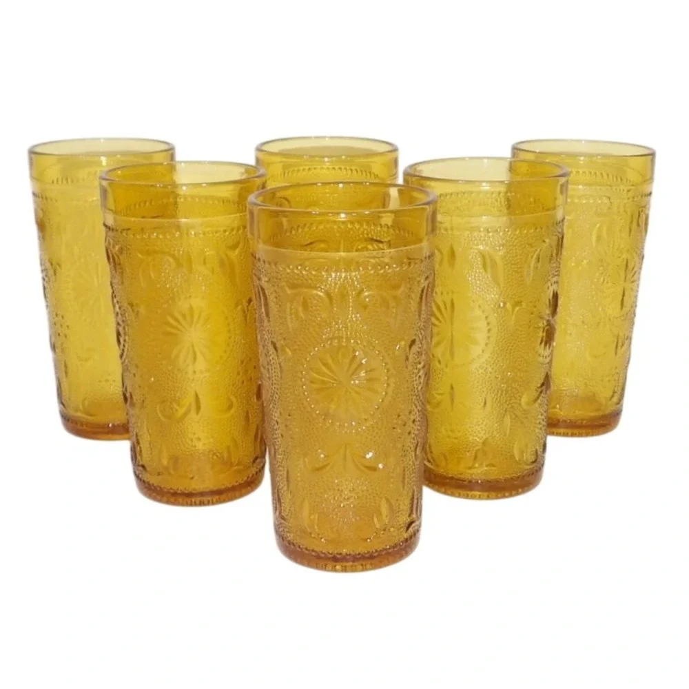 Brockway Concord Amber Glass Tumblers Set 6 Vintage Highball Glasses Retro MCM